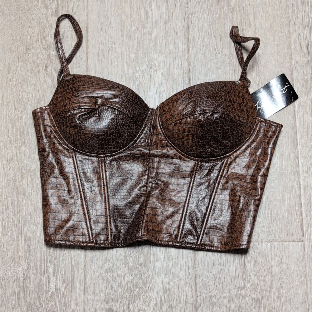 New Y2K Say What Brown‎ Faux Croc Cropped Corset Top Bustier Zipper Straps